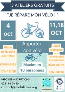 Lire la suite à propos de l’article Ateliers mobiles de réparation de vélos à La-Bâtie-Neuve et Espinasses