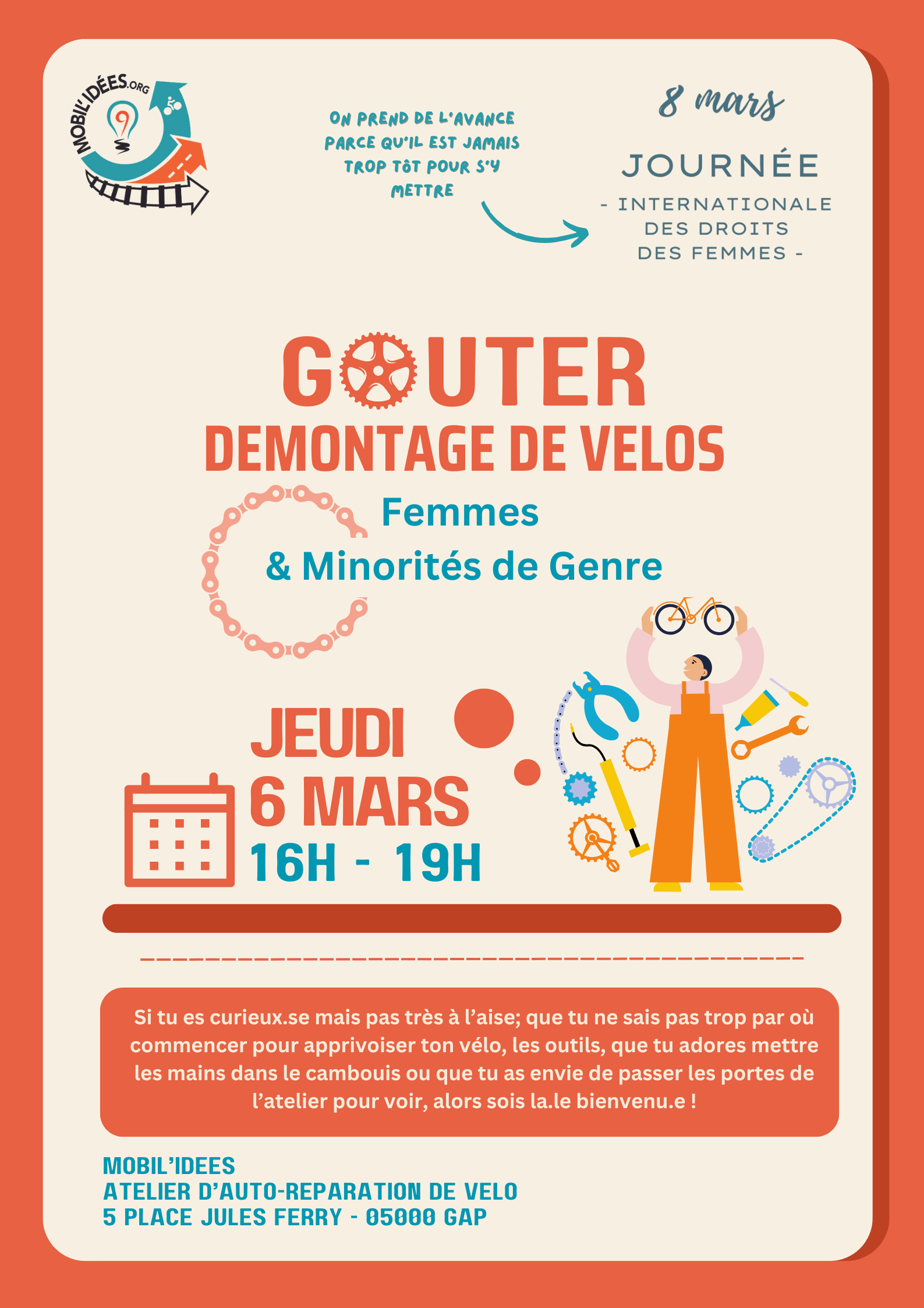 Lire la suite à propos de l’article Avant le 8 Mars : Démontage de vélo – Pour les filles, femmes et minorités de Genre